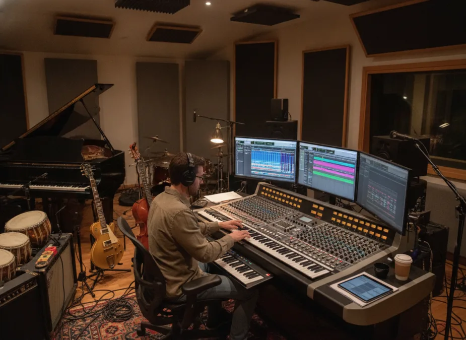 Music composer creating soundtrack in recording studio