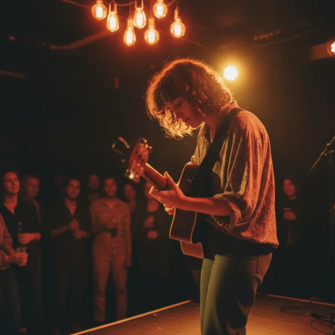 Musician with guitar in artistic setting