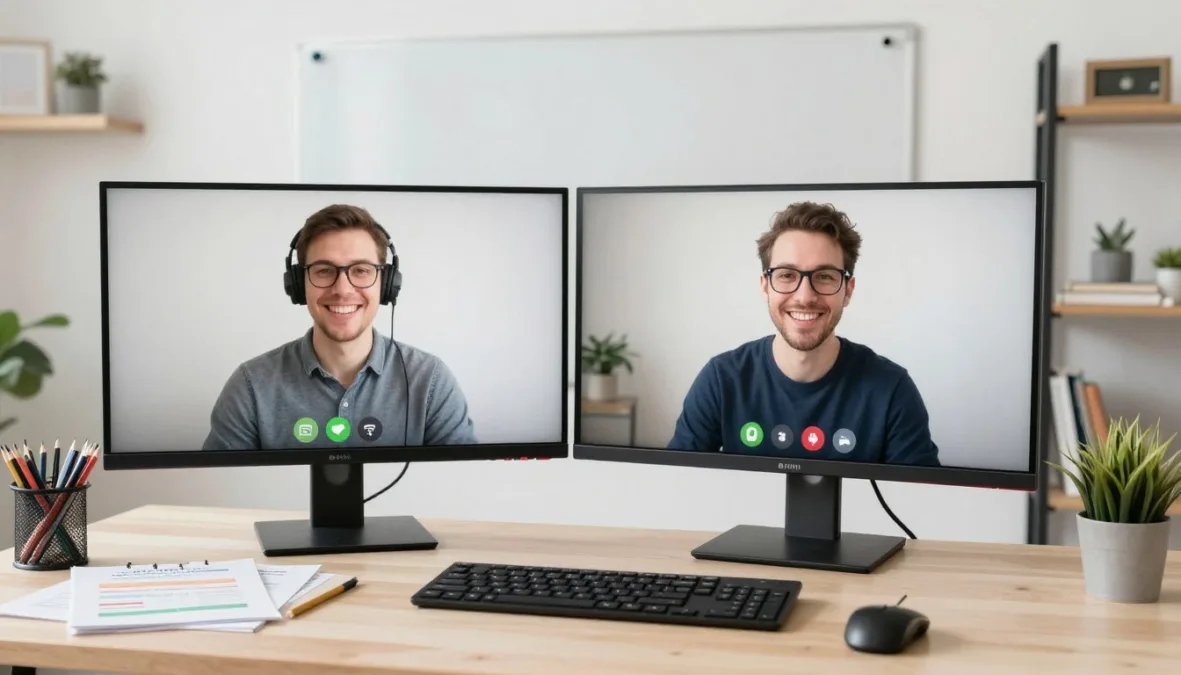 Online tutor conducting virtual lesson with student via video conferencing platform