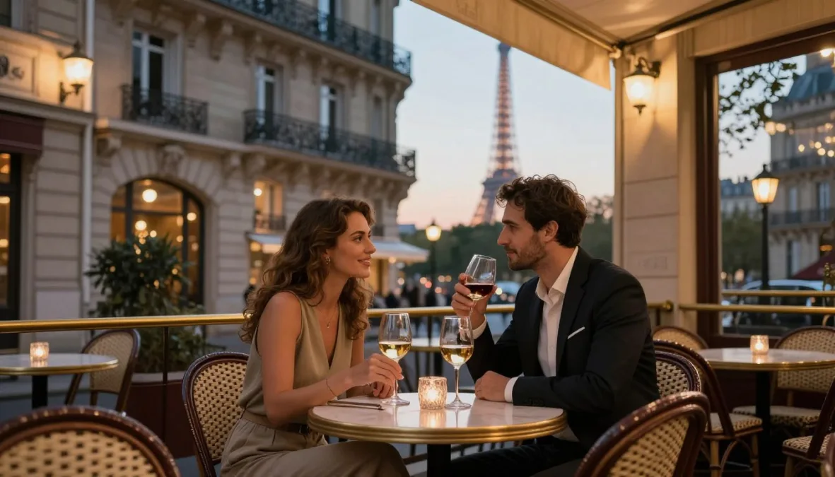 Parisian couple sharing wine at a traditional bistro terrace
