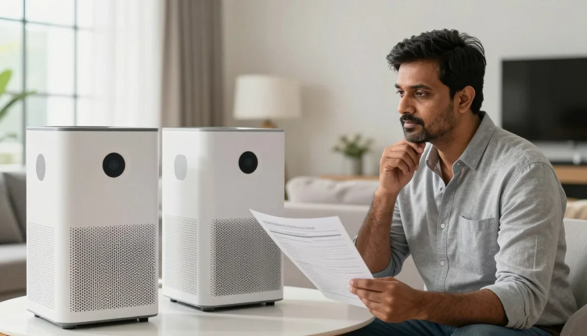 Person comparing different air purifier models and specifications
