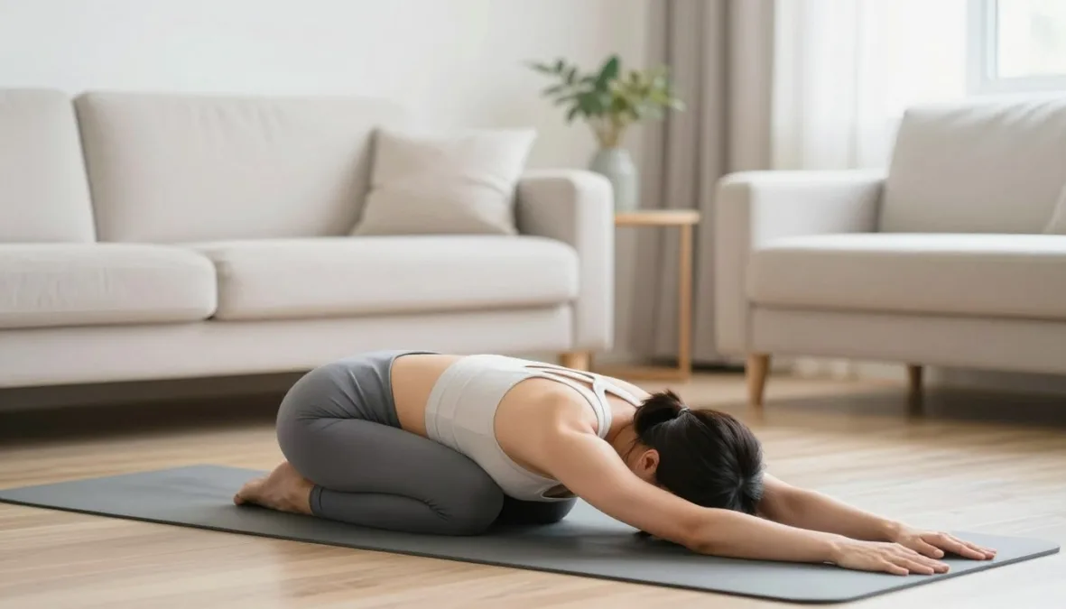 Person performing back pain exercises at home on yoga mat