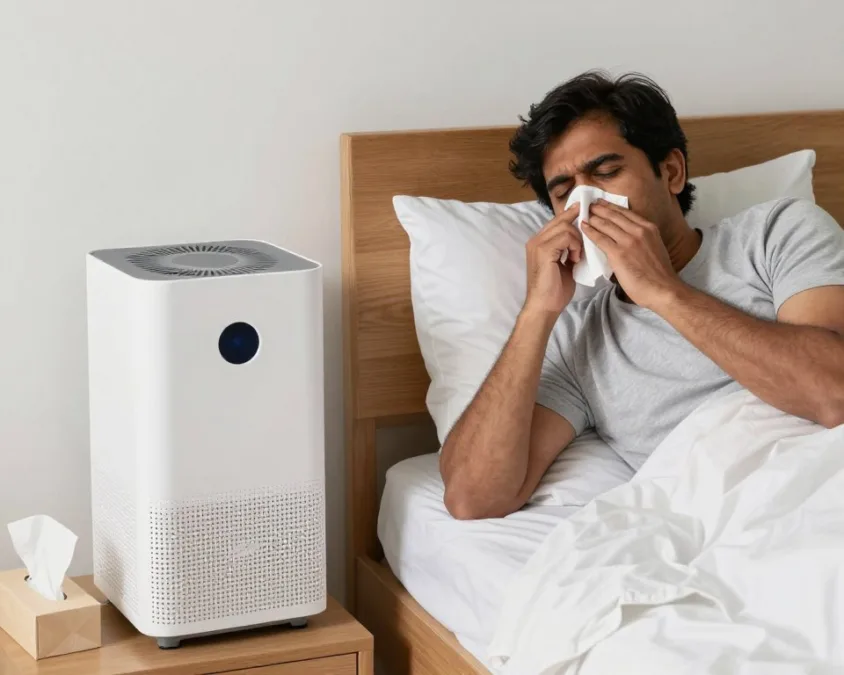 Person with allergies breathing comfortably with air purifier
