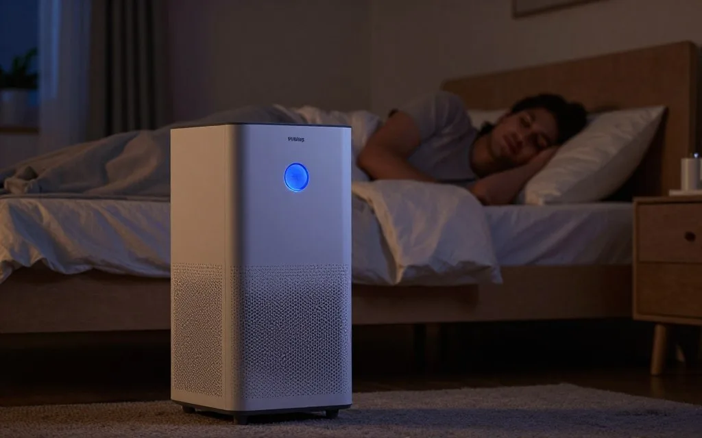 Philips air purifier operating in Indian bedroom at night