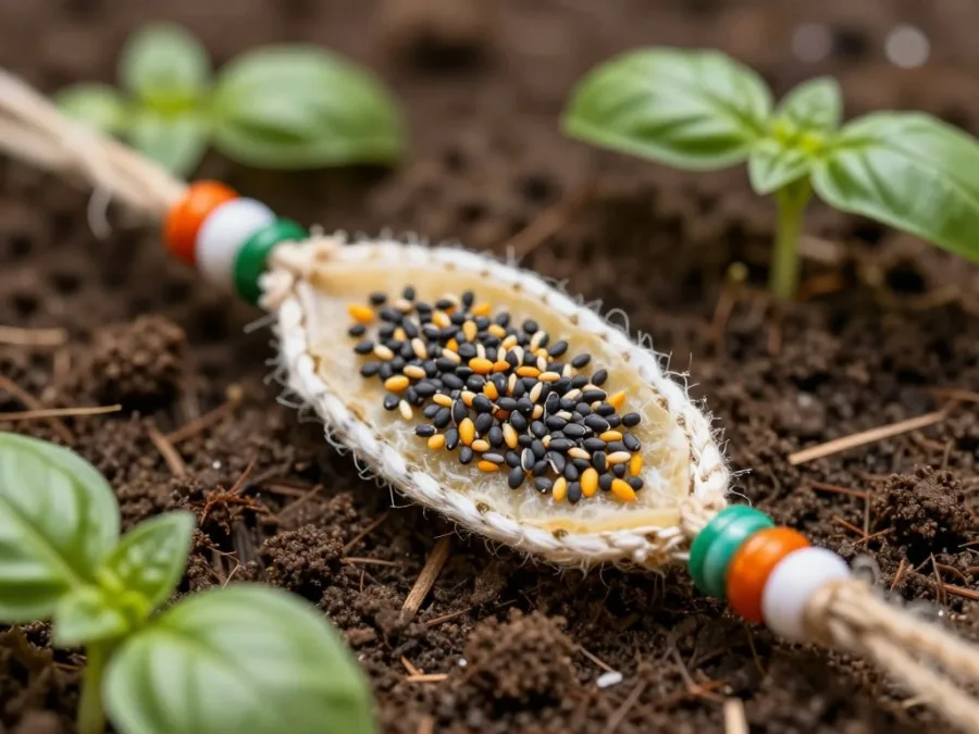 Plantable seed rakhi with seeds visible in biodegradable material