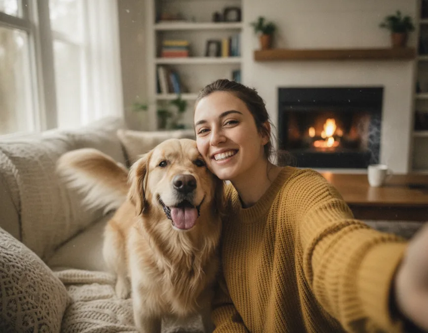 Playful celebrity selfie with dog