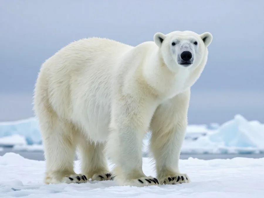 Polar bear standing on Arctic ice showing thick white fur and powerful build