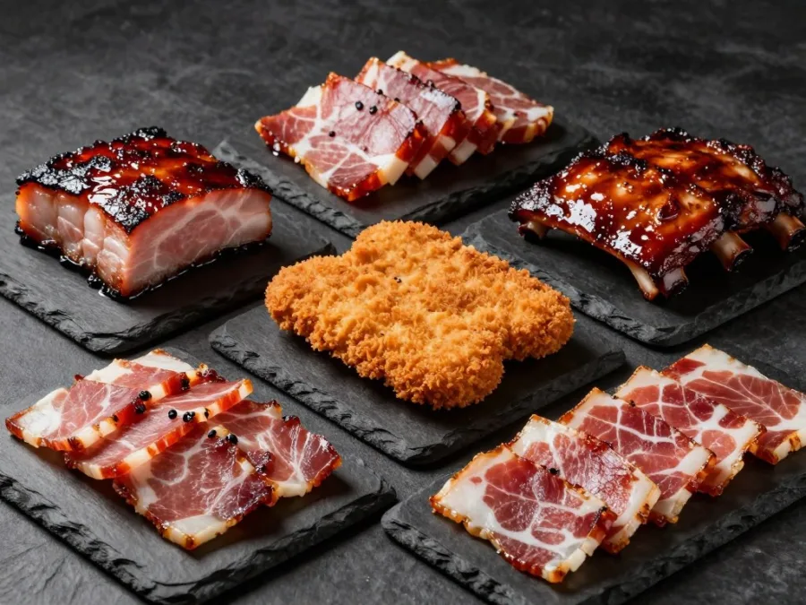 Pork cuts and dishes from various cultures showing global consumption