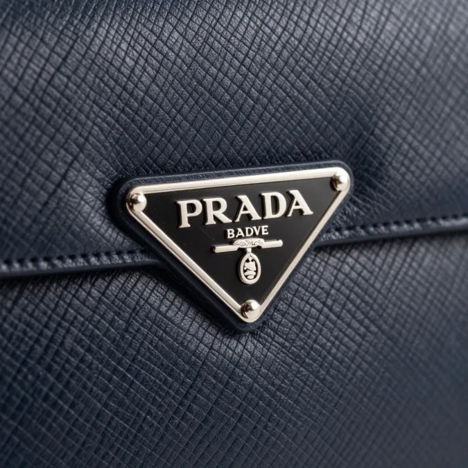 Prada Saffiano leather texture and triangle logo detail