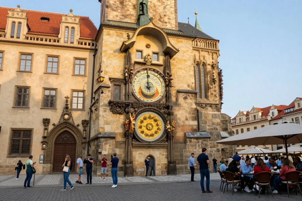 Prague old town square with astronomical clock and people socializing