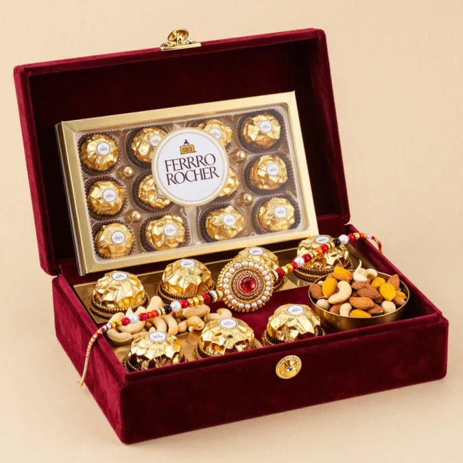 Premium deluxe rakhi hamper with Ferrero Rocher and cashews