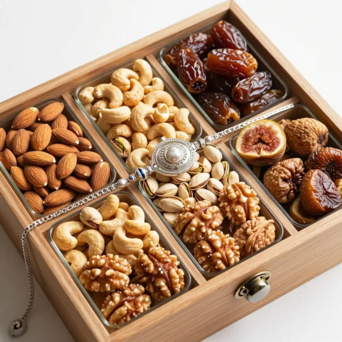 Premium dry fruits hamper with assorted nuts in decorative containers