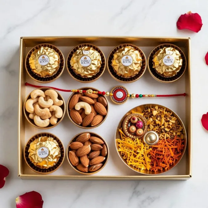 Premium rakhi hamper contents laid out showing chocolates and dry fruits