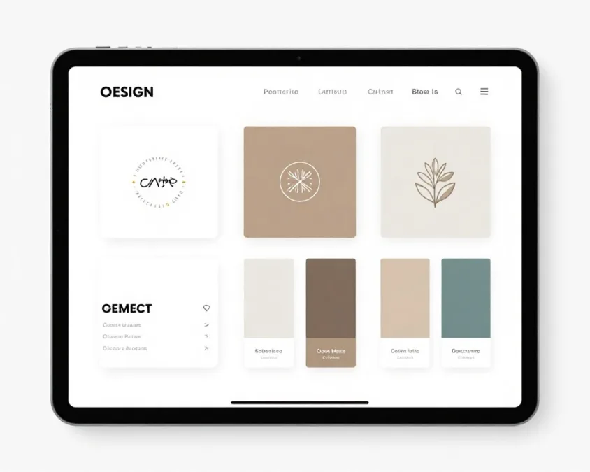 Professional graphic design portfolio displayed on tablet showing diverse client projects