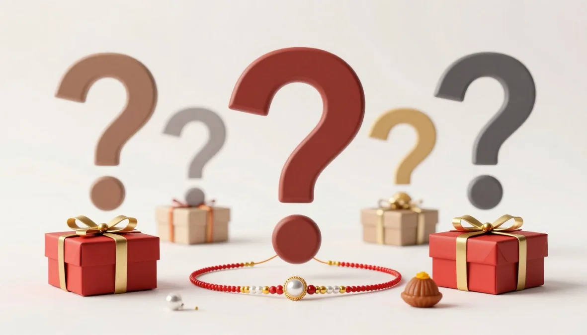 Question marks with rakhi and gift hamper elements