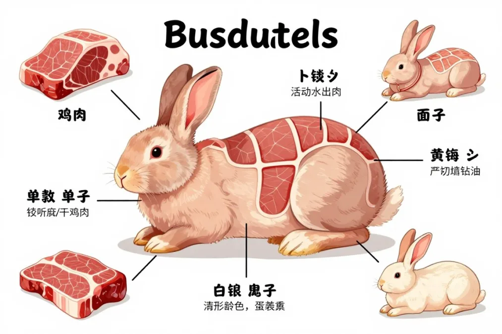 Rabbit meat cuts diagram showing different portions and uses
