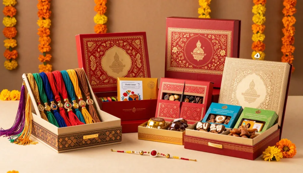 Raksha Bandhan Gift Hampers collection with traditional rakhi sets, sweets, and chocolates