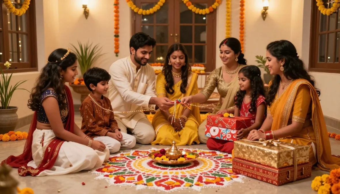 Raksha bandhan celebration with family gathering and traditional decorations