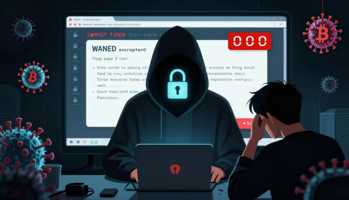 Ransomware attack showing encrypted computer screen with ransom demand