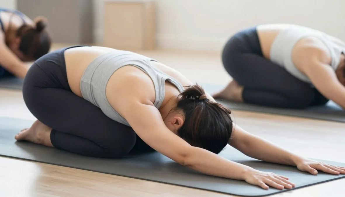 Relaxing child's pose yoga position for back pain relief