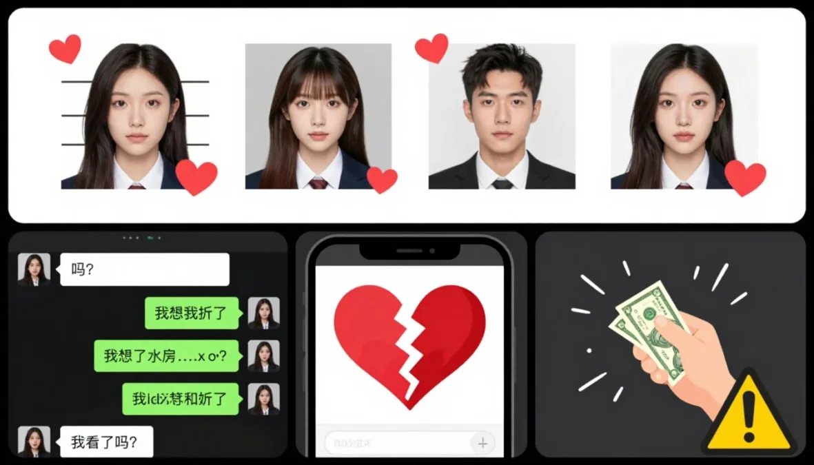 Romance scam showing fake dating profile and money request