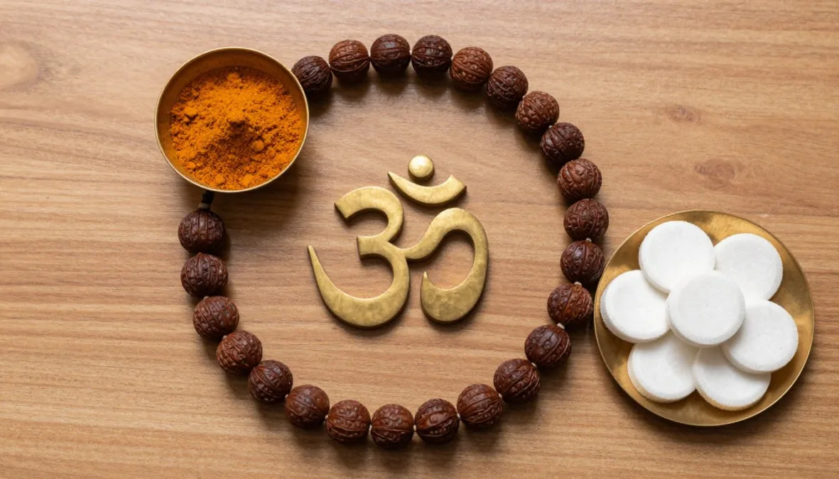 Rudraksha beads and spiritual items in brass containers