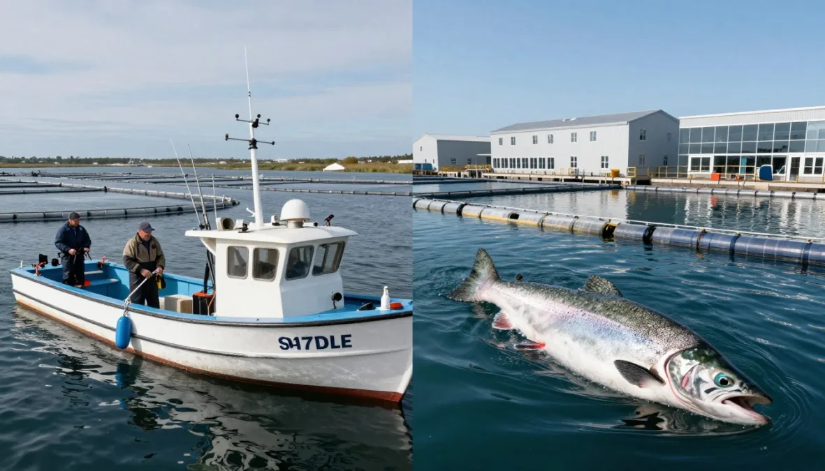 Salmon fishing and aquaculture operations showing production methods