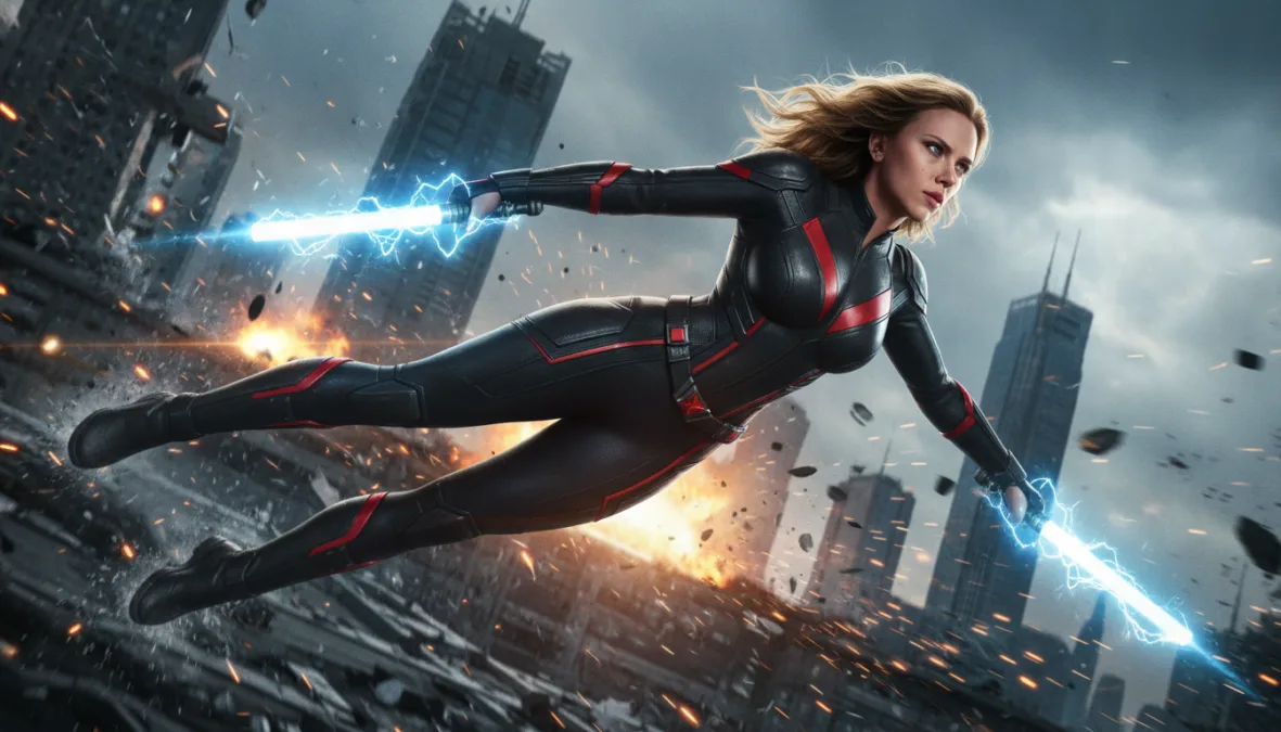 Scarlett Johansson in action film scene dynamic pose
