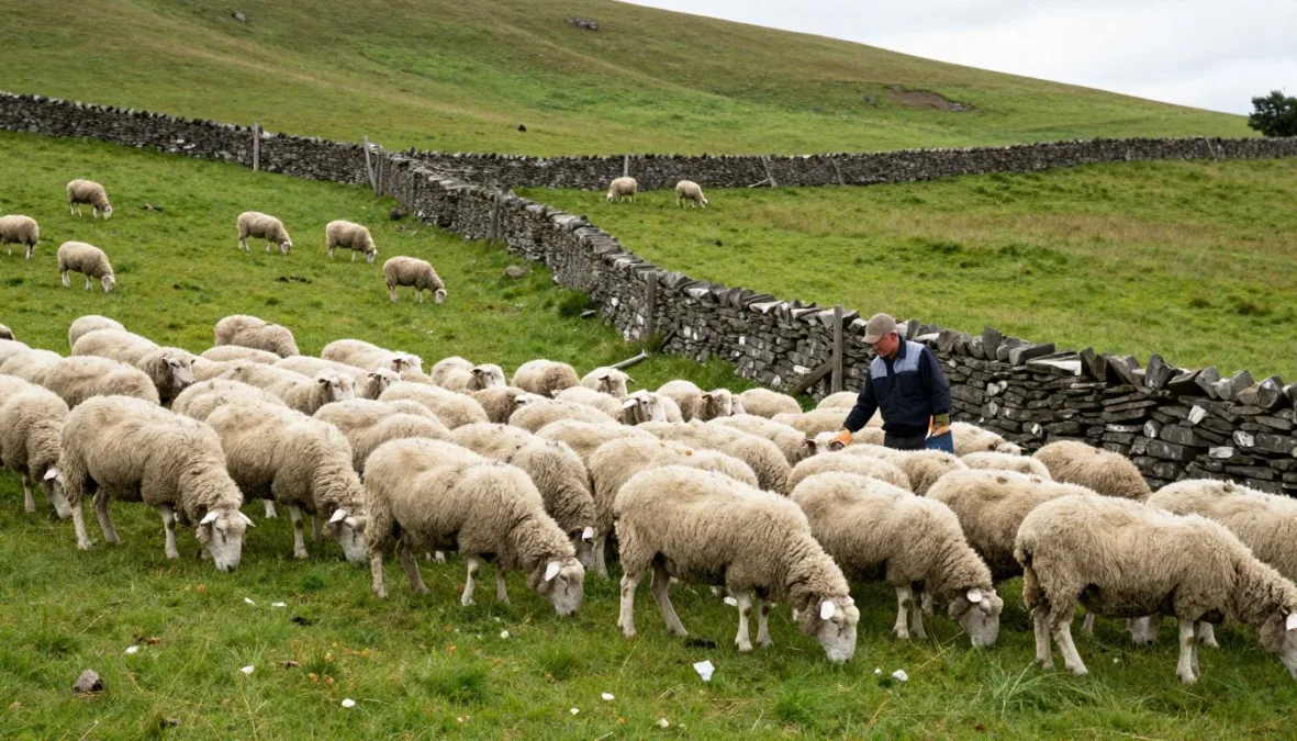 Sheep farming operations showing lamb production practices