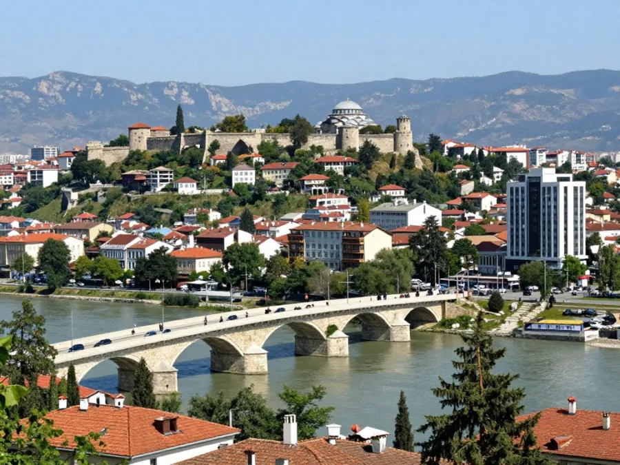Skopje North Macedonia showing Stone Bridge and Vardar River