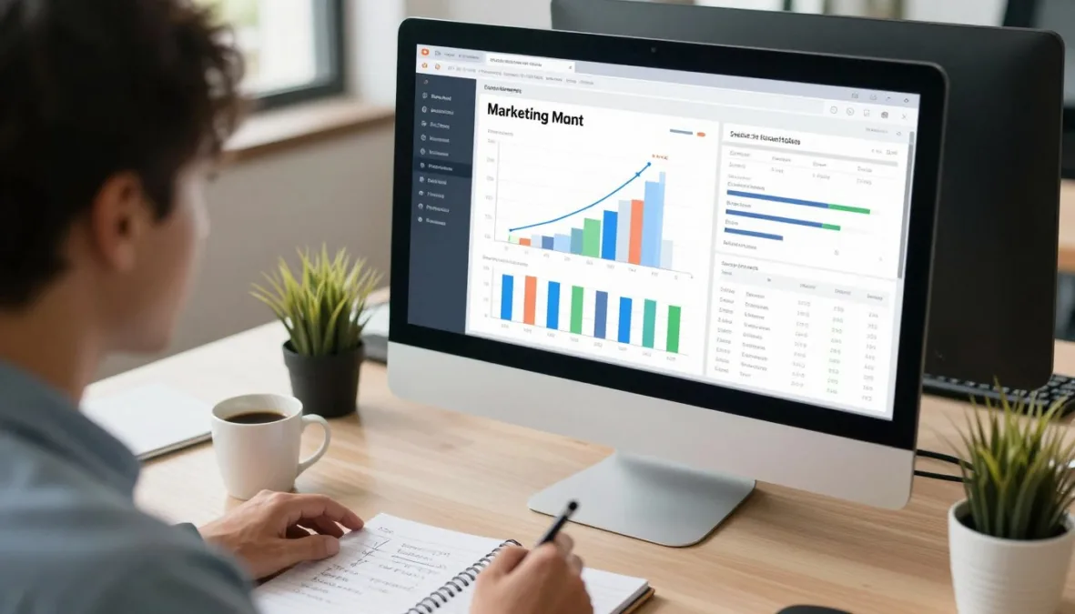Small business owner reviewing marketing analytics and customer acquisition data
