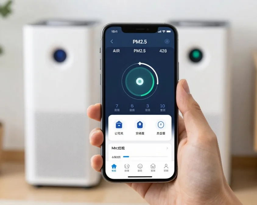 Smartphone app controlling air purifier with air quality display