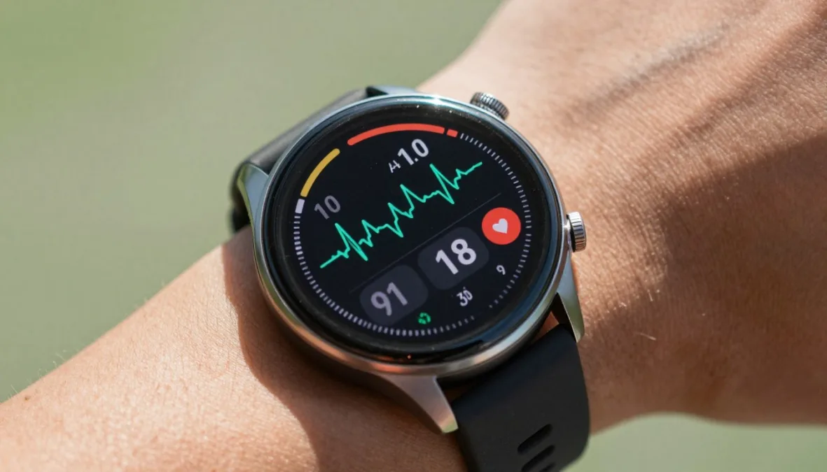 Smartwatch features display showing heart rate monitoring and AMOLED display