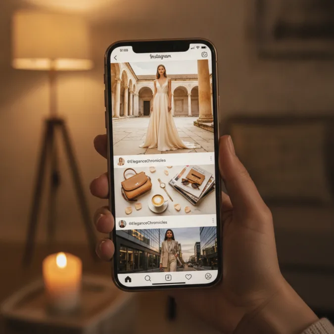 Social media fashion content on smartphone representing model following