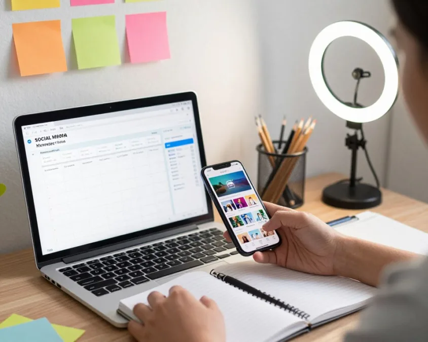 Social media manager creating content calendar for small business clients across multiple platforms
