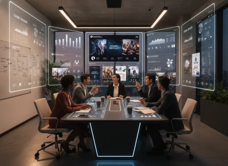 Social media marketing team planning movie campaign