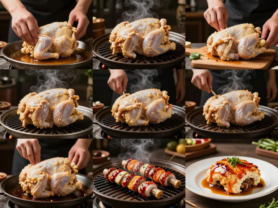 Step-by-step chicken cooking demonstration showing proper techniques
