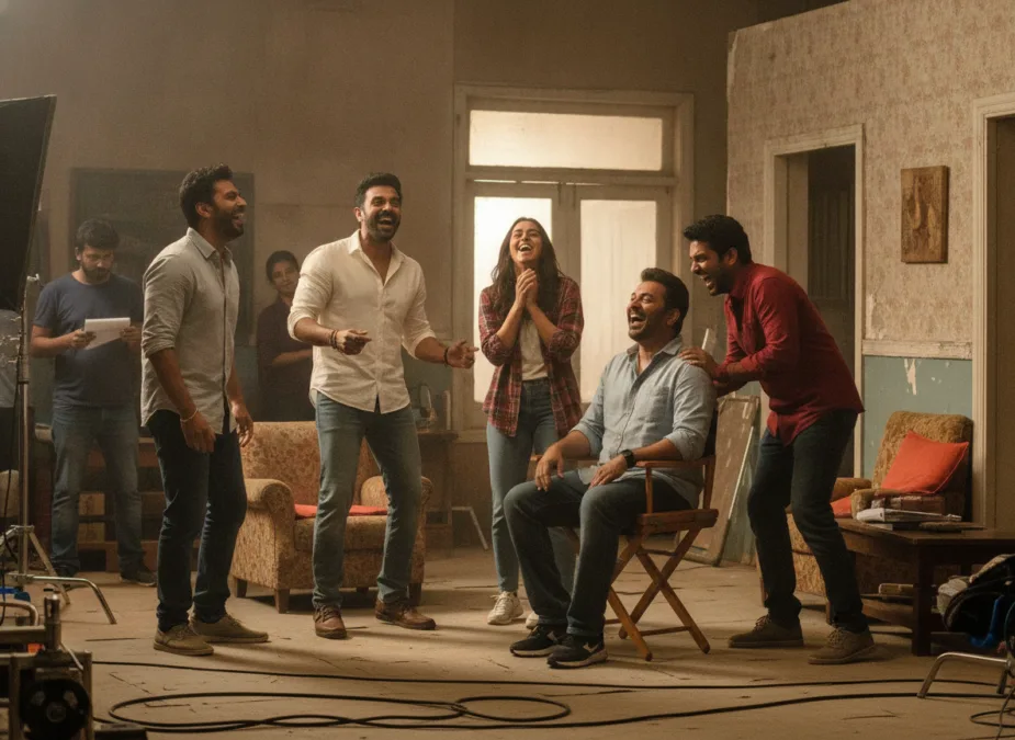Stree 3 ensemble cast during comedy scene rehearsal