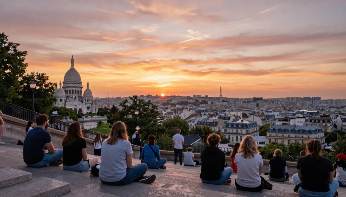 Sunset view over Paris from Sacré-Cœur steps with families sitting and enjoying the vista