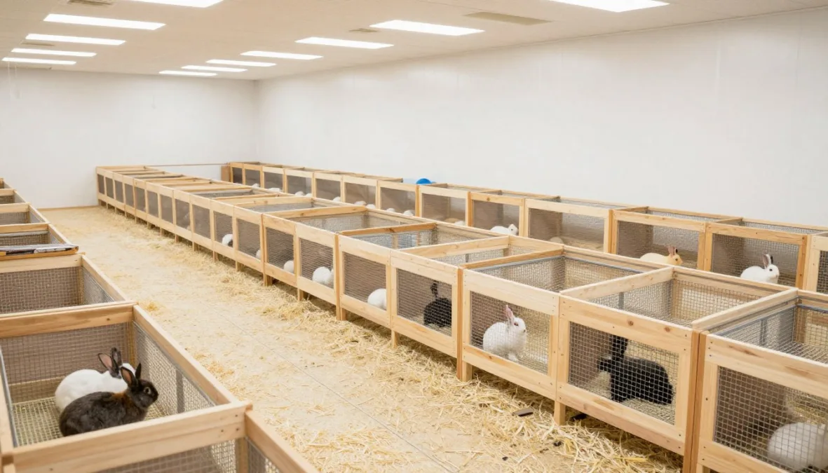 Sustainable rabbit farming operations showing efficient production