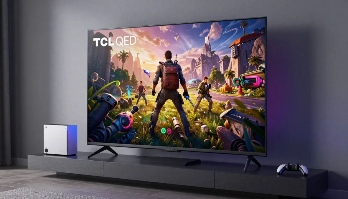 TCL Android TV with quantum dot display showing gaming content