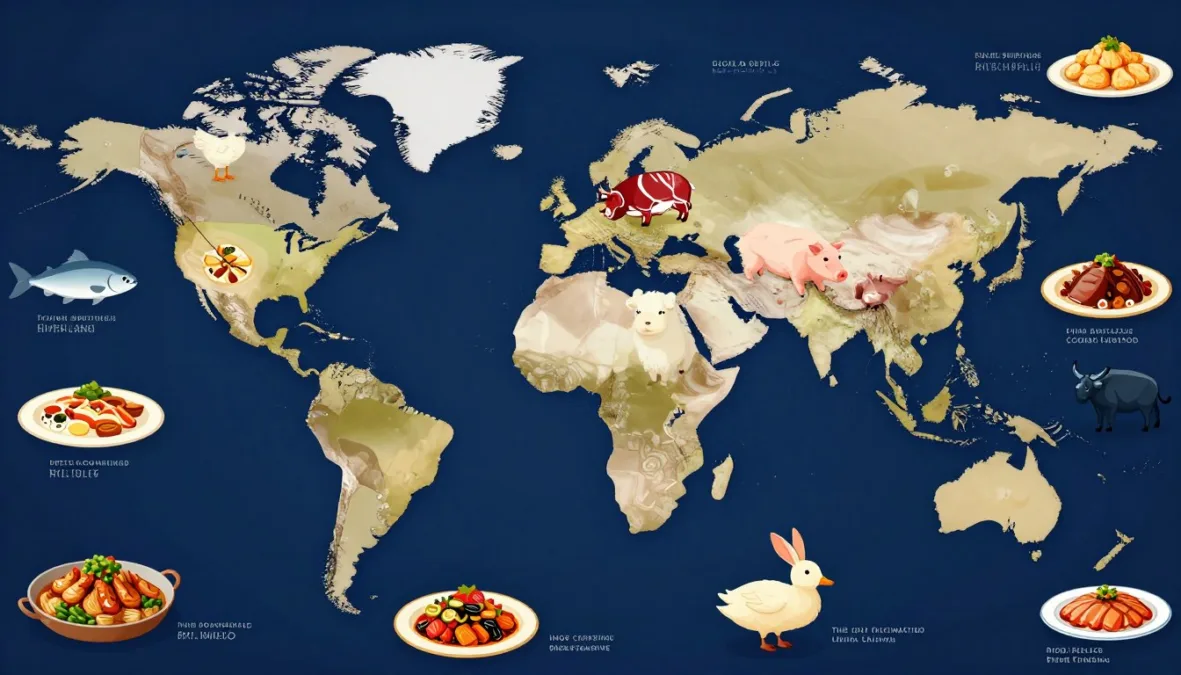 Top 10 animals eaten in the world displayed on a global map with cultural dishes