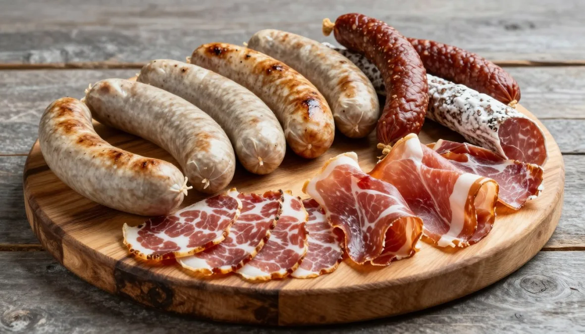 Traditional pork products from Europe including sausages and cured meats