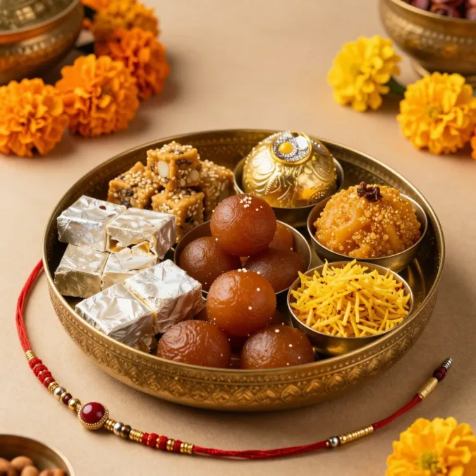 Traditional rakhi hamper with assorted Indian sweets mithai