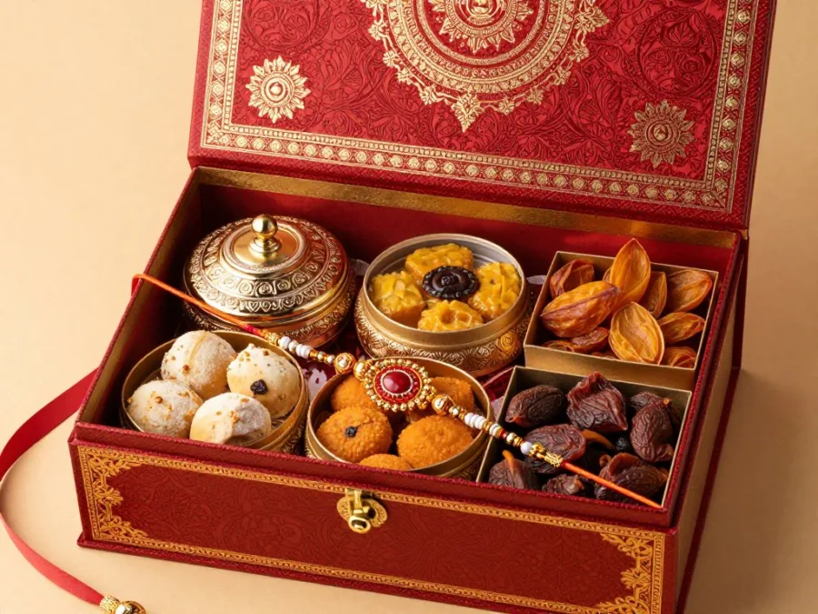 Traditional rakhi hamper with premium packaging showing Indian sweets and decorated rakhi