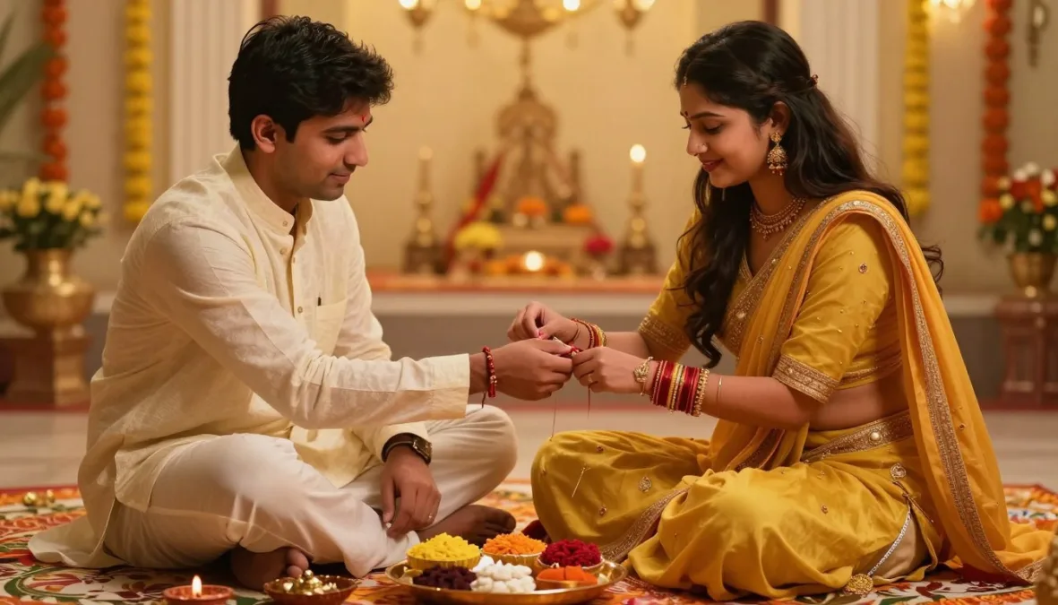 Traditional raksha bandhan ceremony with sister tying rakhi to brother