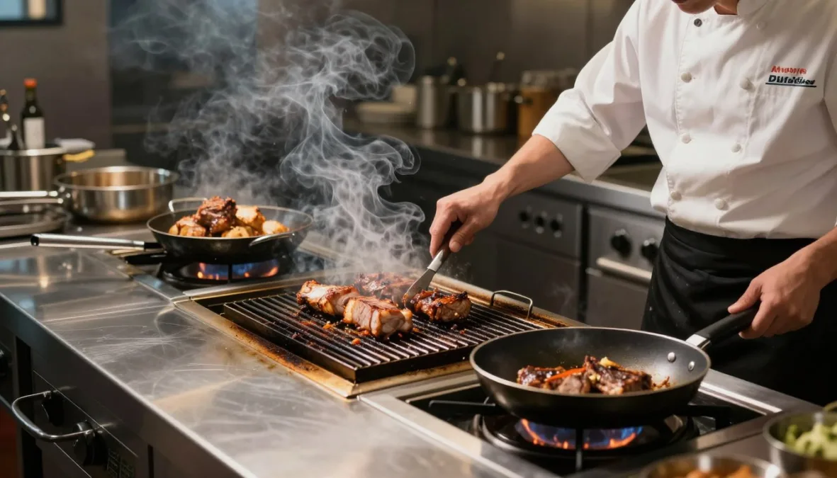 Various cooking methods for different meats displayed in professional kitchen