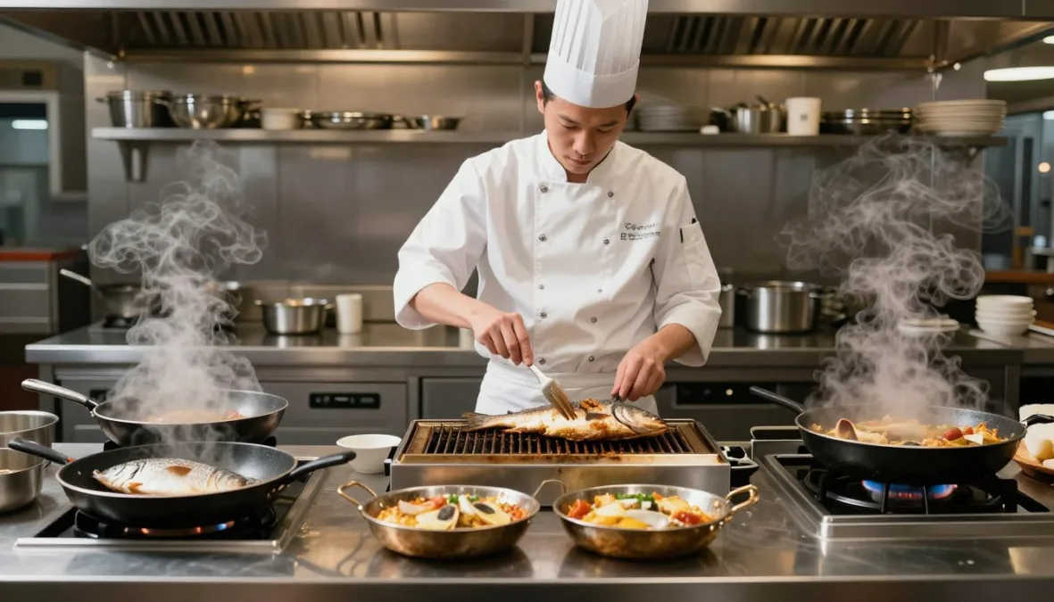 Various fish cooking techniques demonstration in professional kitchen