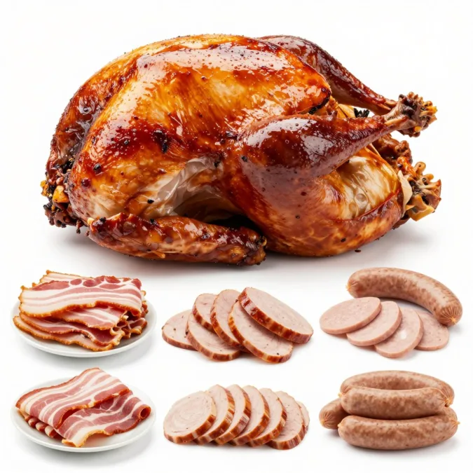 Various turkey products from whole bird to processed items