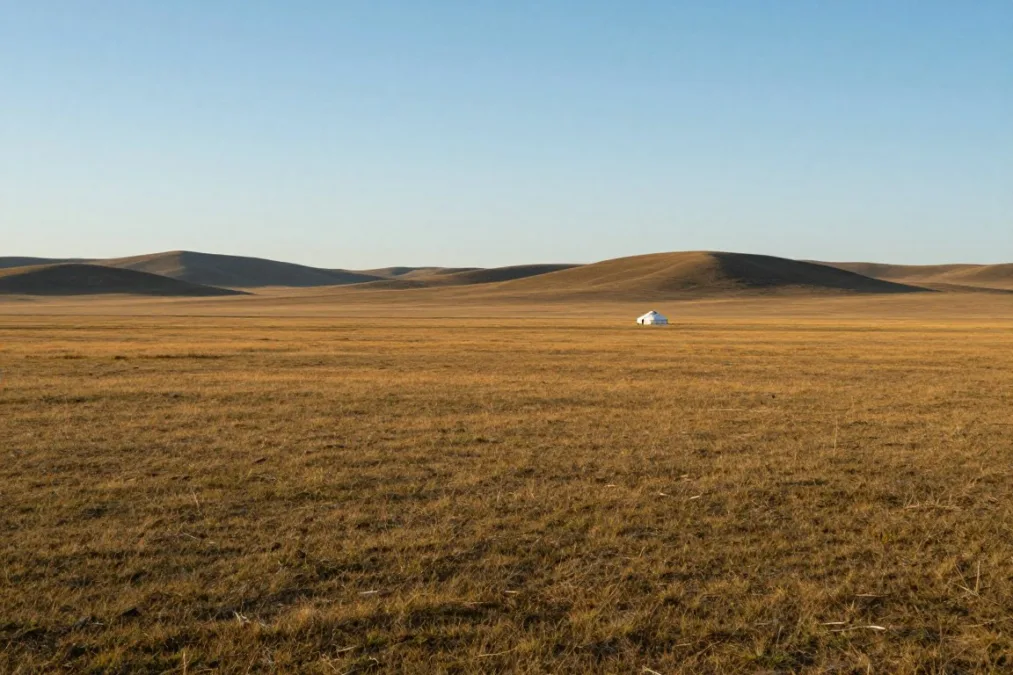 Vast Mongolian steppe landscape with traditional ger in distance